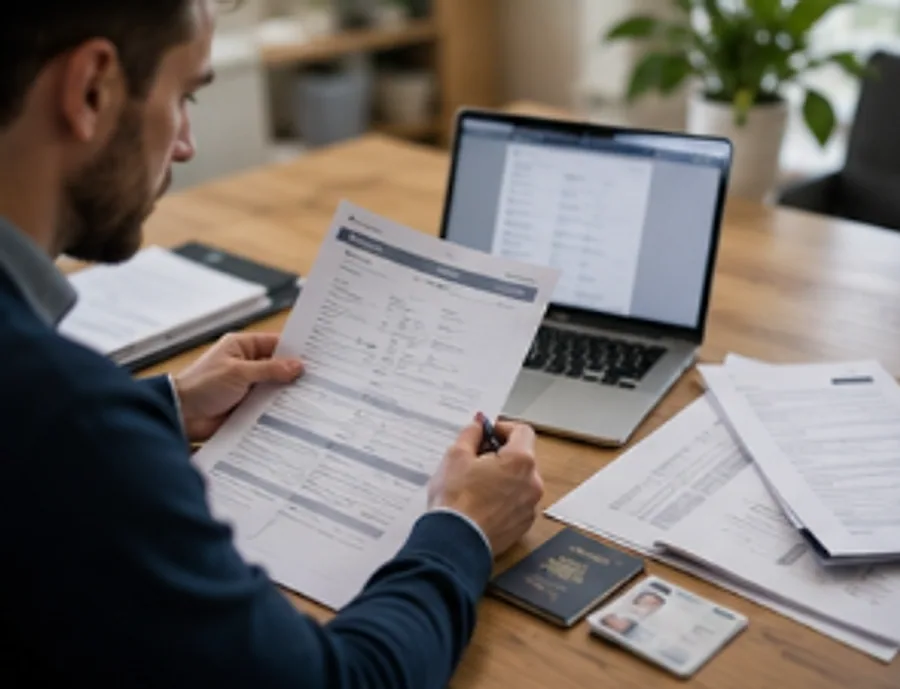 A landlord checking application documents and an ID card at a desk