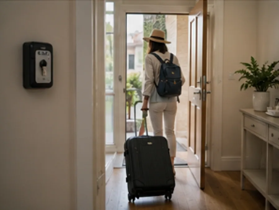 A tenant arriving with a suitcase past a key safe by the front door