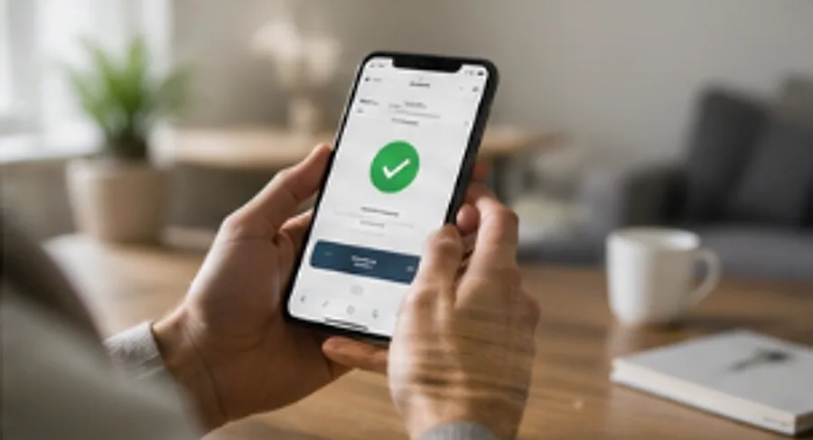A phone showing a green tick on a property management app