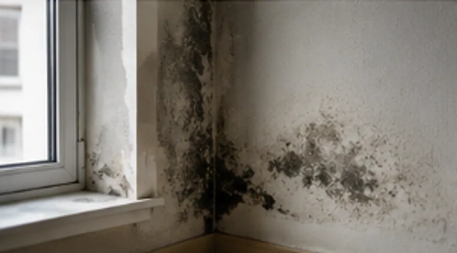 Black damp and mould spreading across the corner of a room by a window