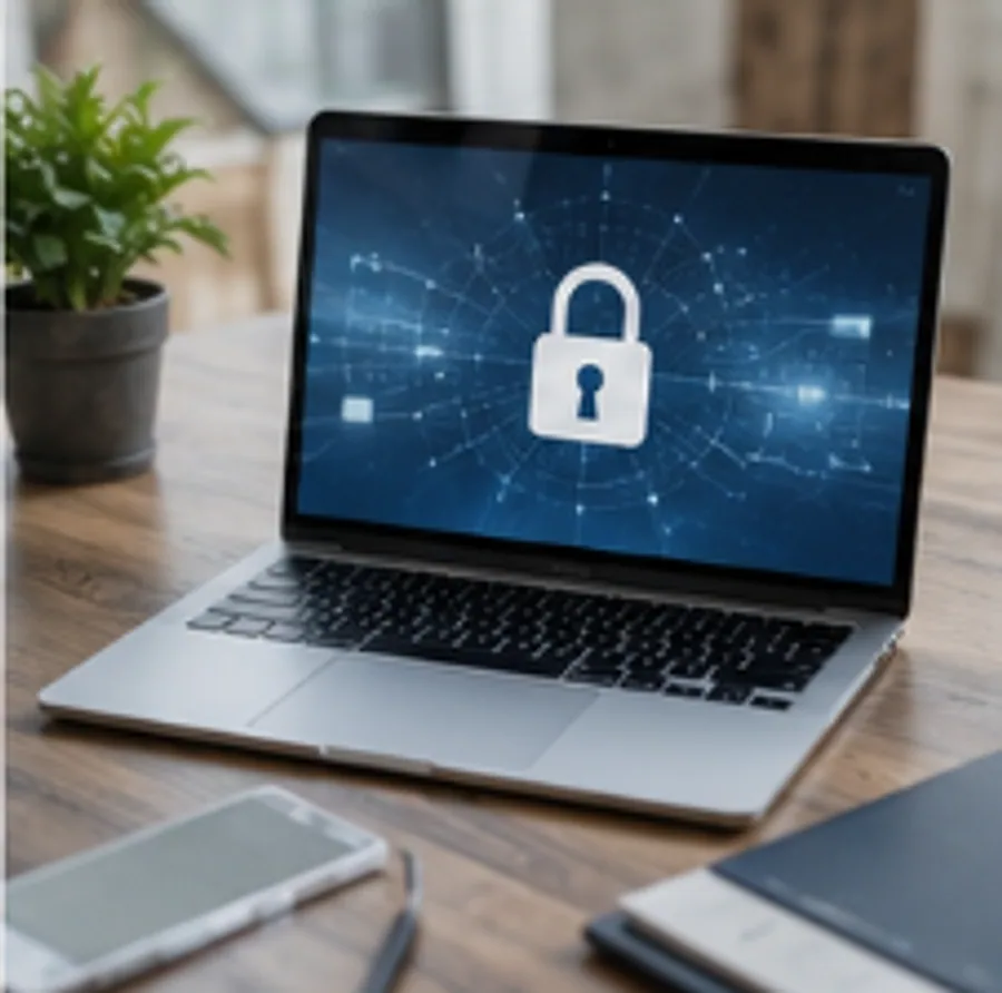 A laptop showing a padlock, representing data protection and security