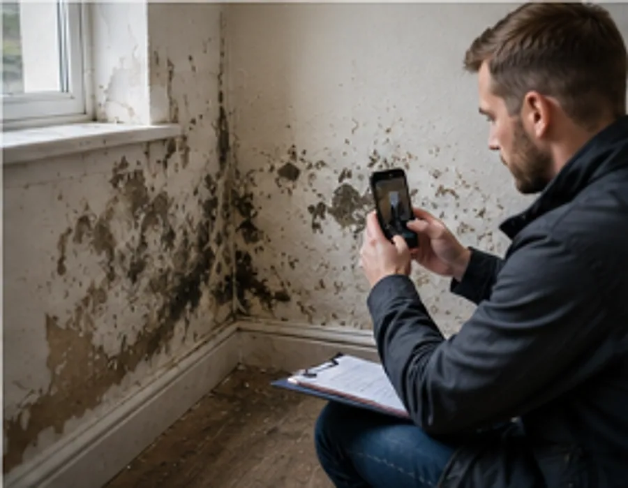 A landlord photographing damp and mould during a property inspection