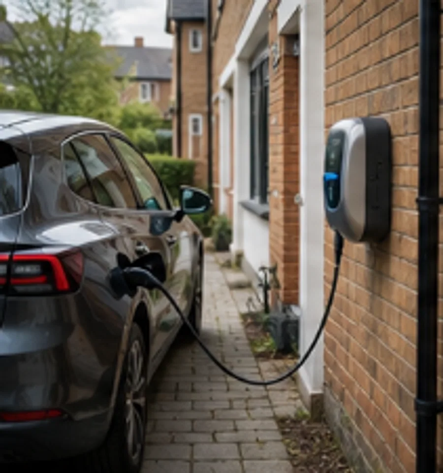 An electric car charging from a wall point outside a house