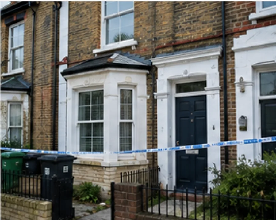A terraced house front door with police tape across it
