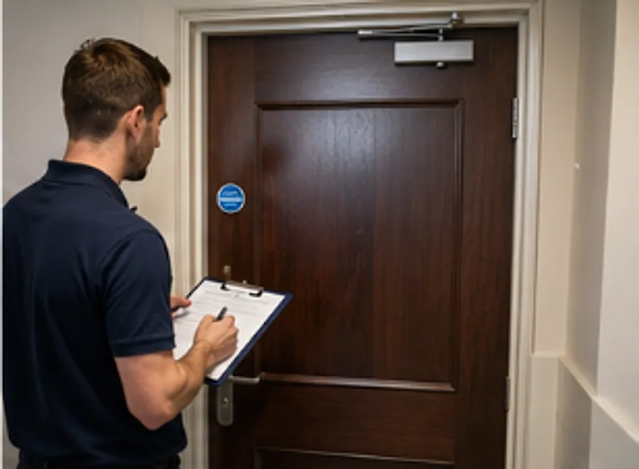 An inspector checking a fire door marked with a blue fire-door disc