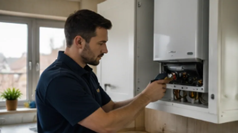 A heating engineer servicing a wall-mounted gas boiler in a kitchen