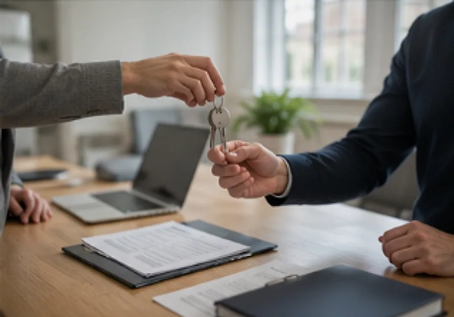 Keys being handed over a desk at the start of a tenancy