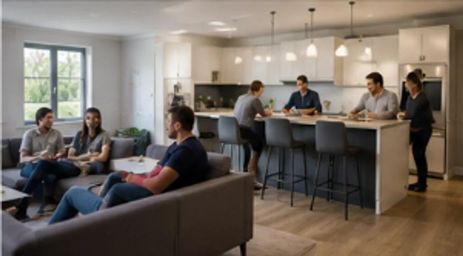 A group of sharers together in the open-plan kitchen of a shared house