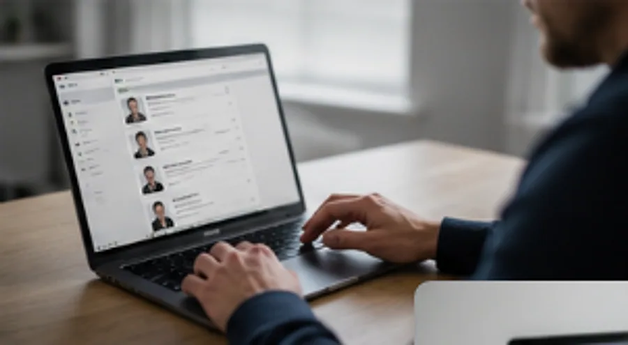 A landlord reviewing a list of applicant profiles on a laptop