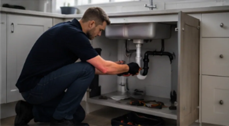 A plumber working on pipework under a kitchen sink