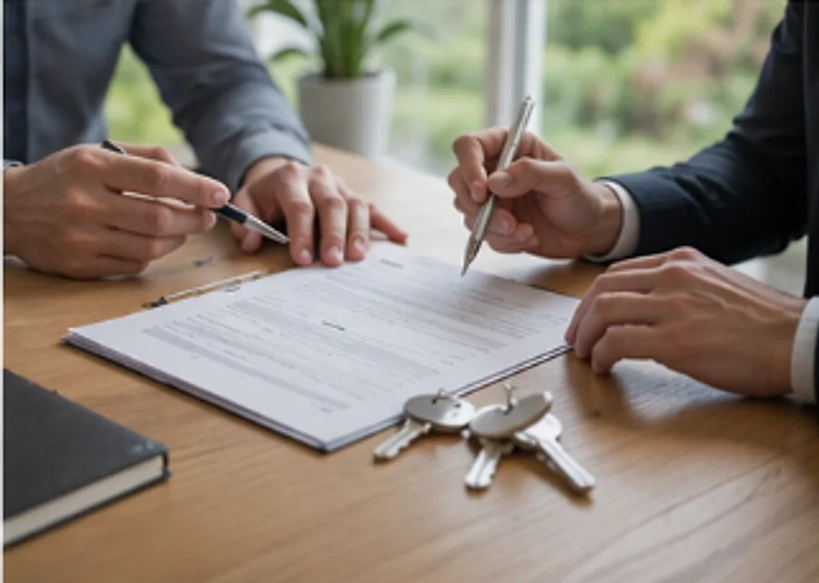 Two people signing a contract with a set of keys on the table