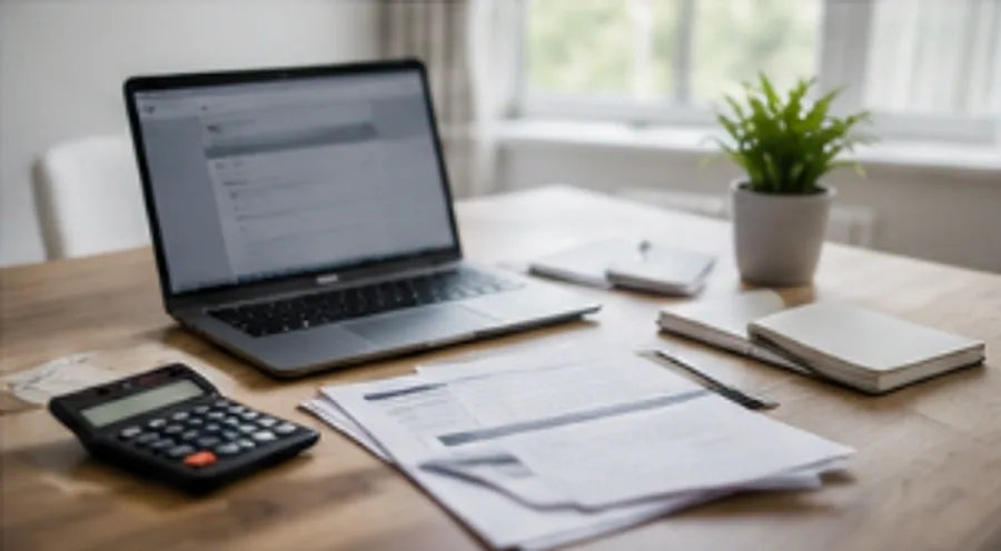 A laptop, calculator and paperwork laid out on a desk for landlord tax