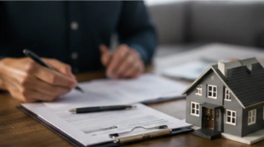 A person signing a tenancy agreement beside a small model house