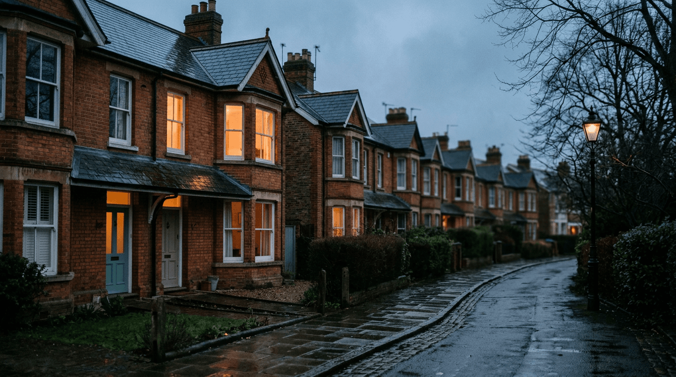 EPC C Rating for Landlords 2026: Deadline + Fines — UK Victorian terraced houses at dusk, EPC energy guides