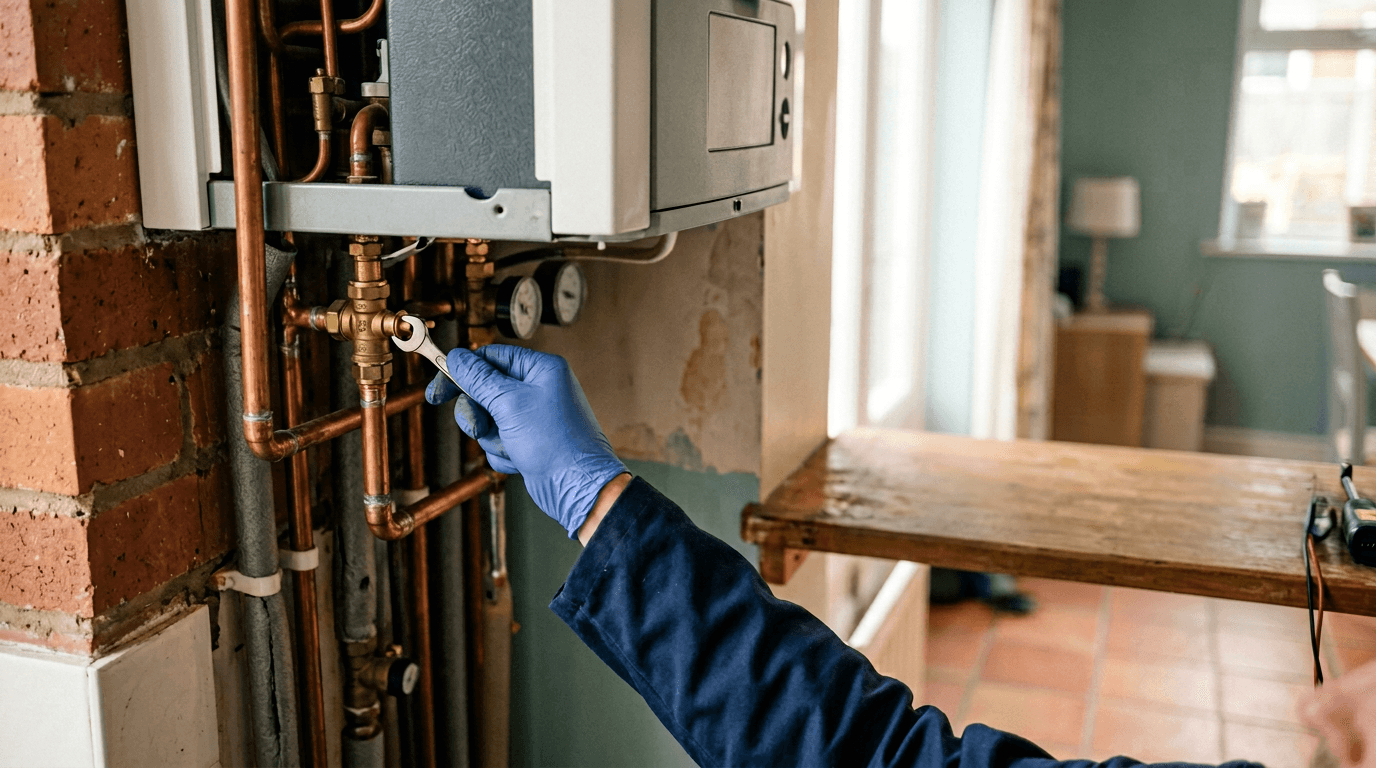 Do Landlords Need a Legionella Certificate? (2026) — Gas engineer checking a domestic boiler, UK safety compliance