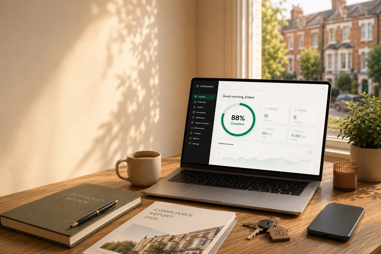 A UK landlord dashboard with a 0–100 portfolio score, insights and property valuation