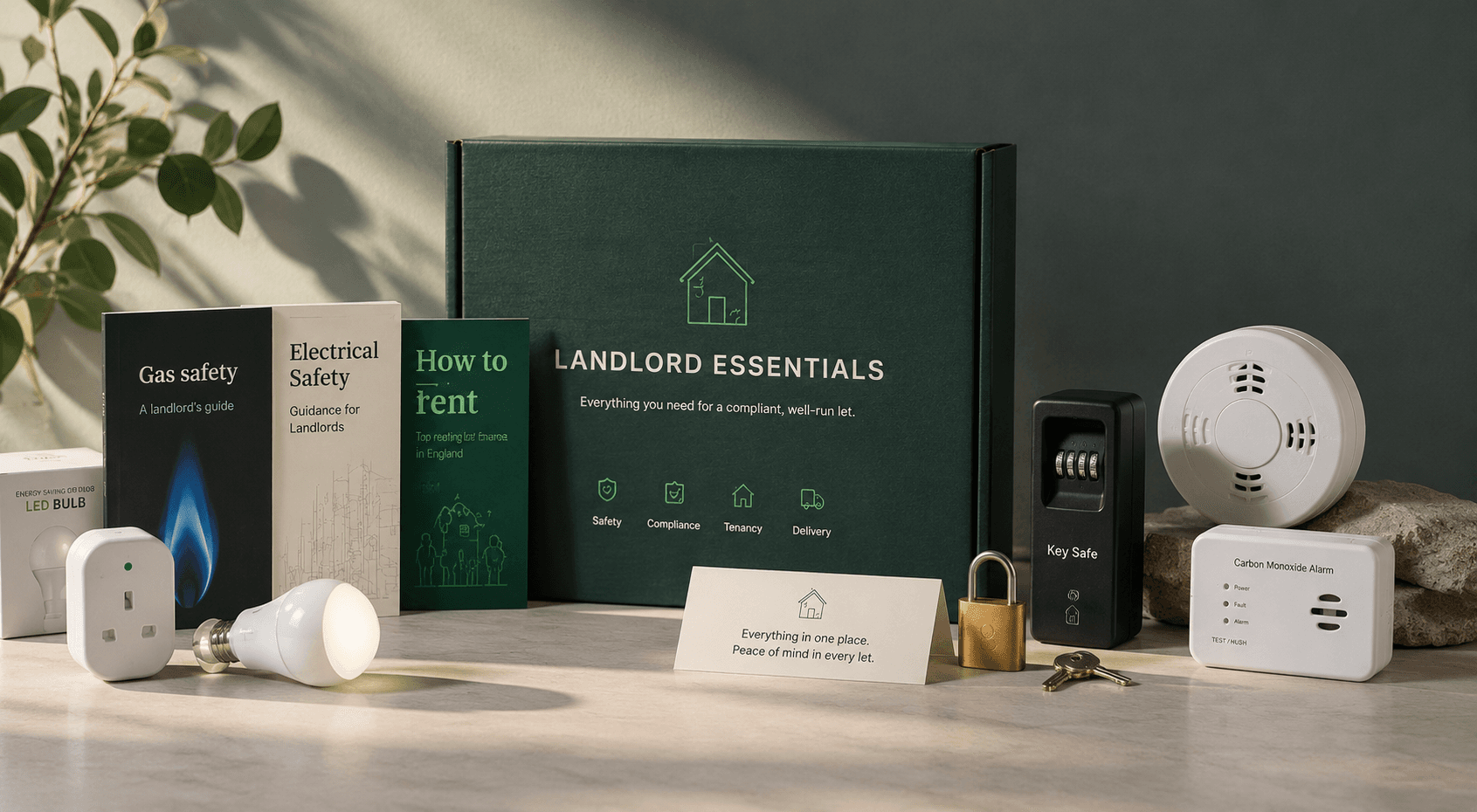 The Landlord Essentials box with safety alarms, a key safe, guides and energy-saving bulbs.