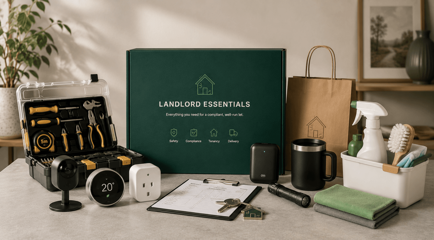 The Landlord Essentials box with a tool kit, smart thermostat, cleaning caddy and inspection clipboard.
